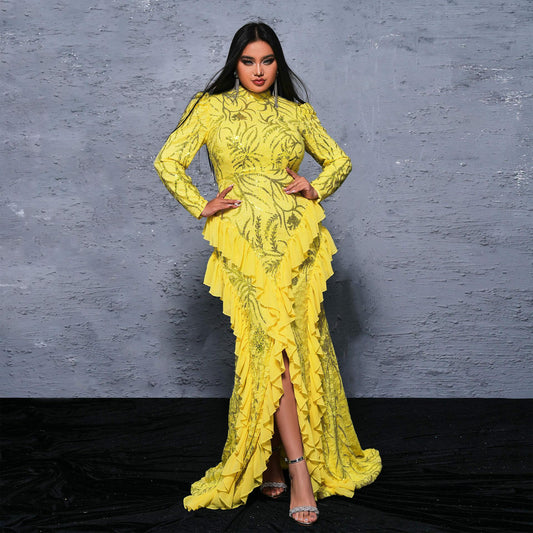 long sleeve sequin detail ruffle trim maxi dress in yellow