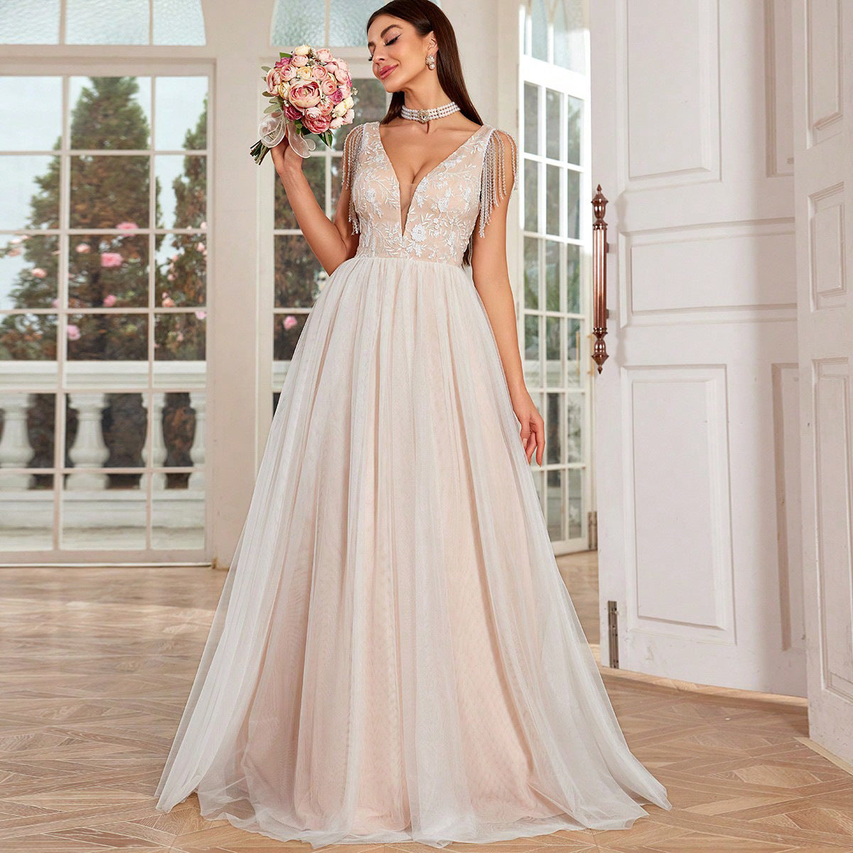 pandora v neck lace applique tpulle maxi dress in white