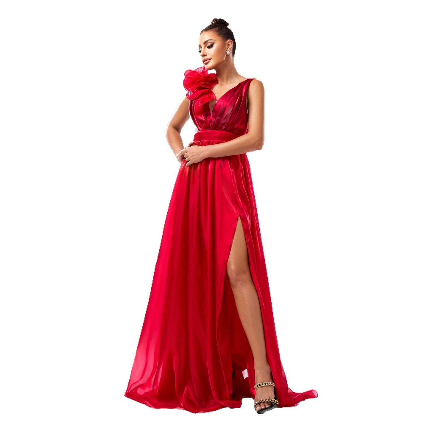Sleeveless V-neck floral hip-hugging slit dress - red