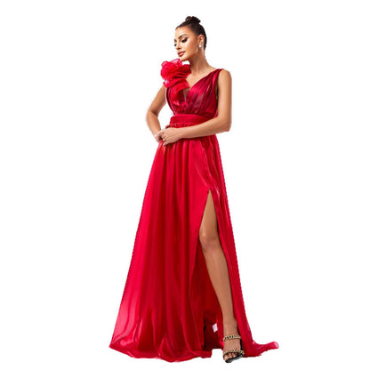 Sleeveless V-neck floral hip-hugging slit dress - red