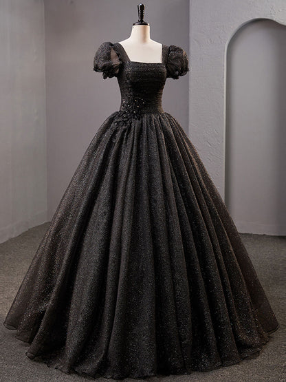 shiny Black Square Neckline Tulle Prom Dress