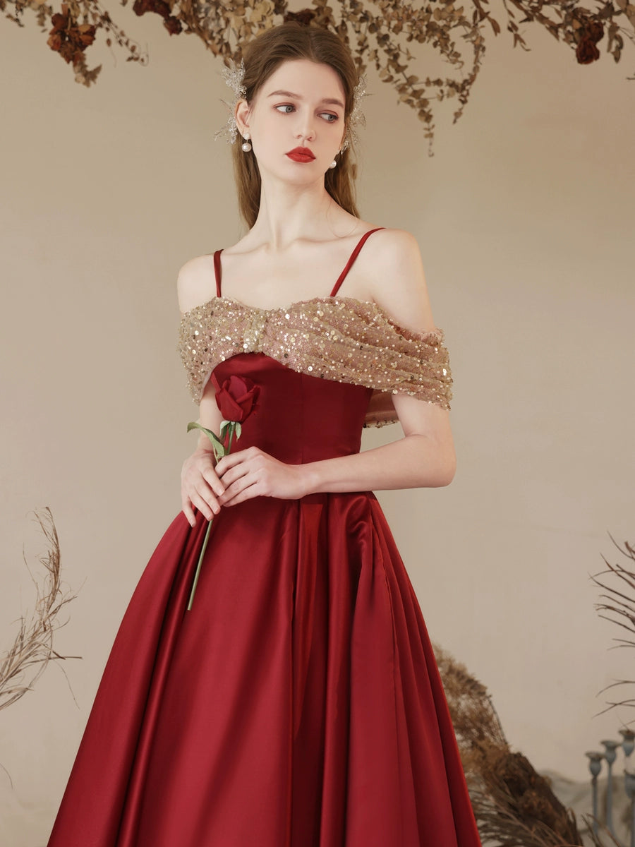 off-shoulder sequin satin maxi dress in claret