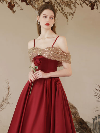off-shoulder sequin satin maxi dress in claret