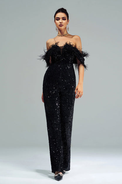 off-shoulder sequin feather jumpsuit in black