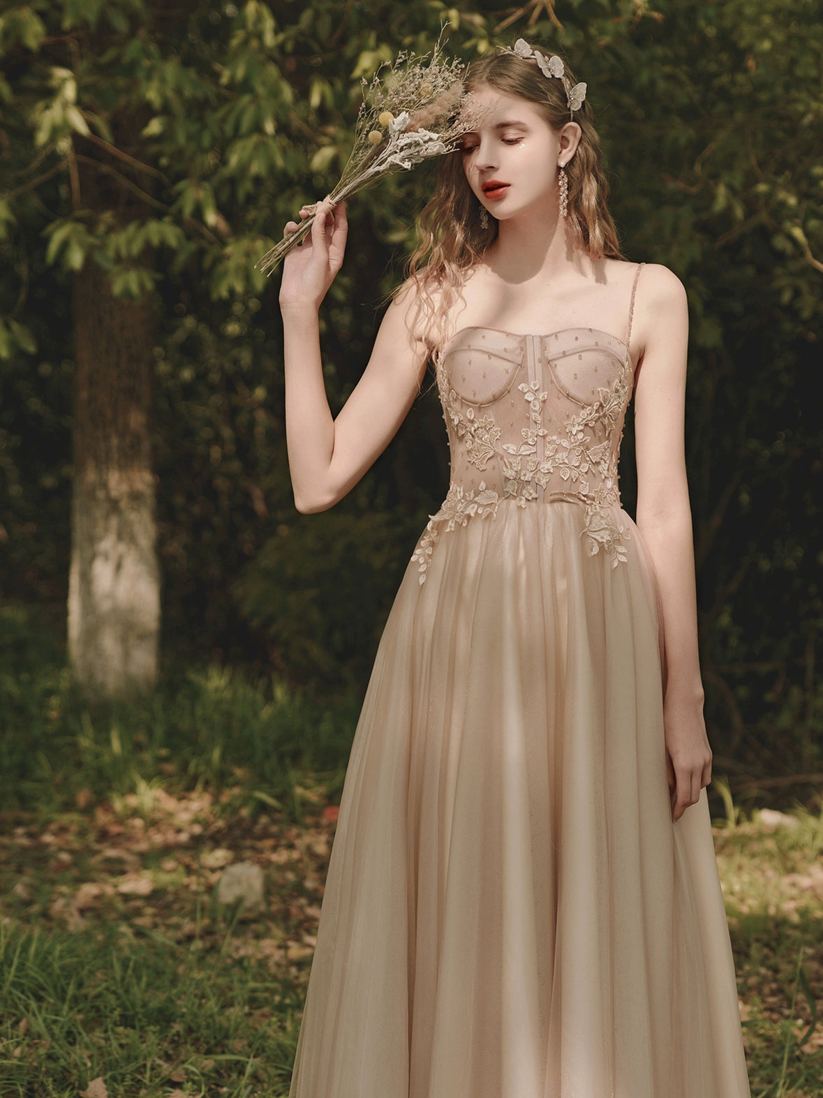 floral applique rhinestone maxi dress in champagne