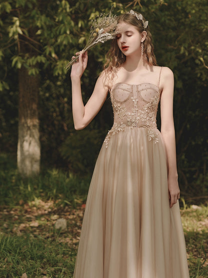 floral applique rhinestone maxi dress in champagne