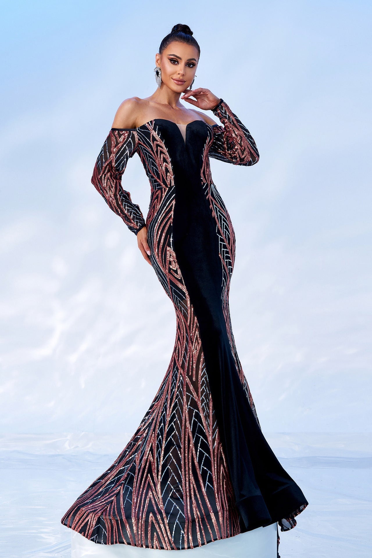 off shoulder sequin velvet maxi dress
