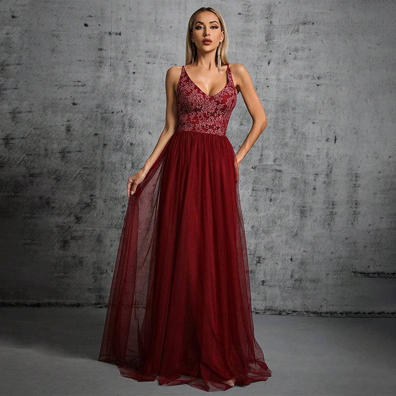 v-neck floral emdroidery patchwork tulle maxi dress in burgundy