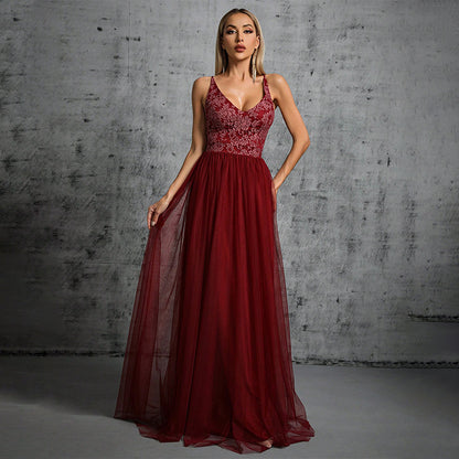 v-neck floral emdroidery patchwork tulle maxi dress in burgundy