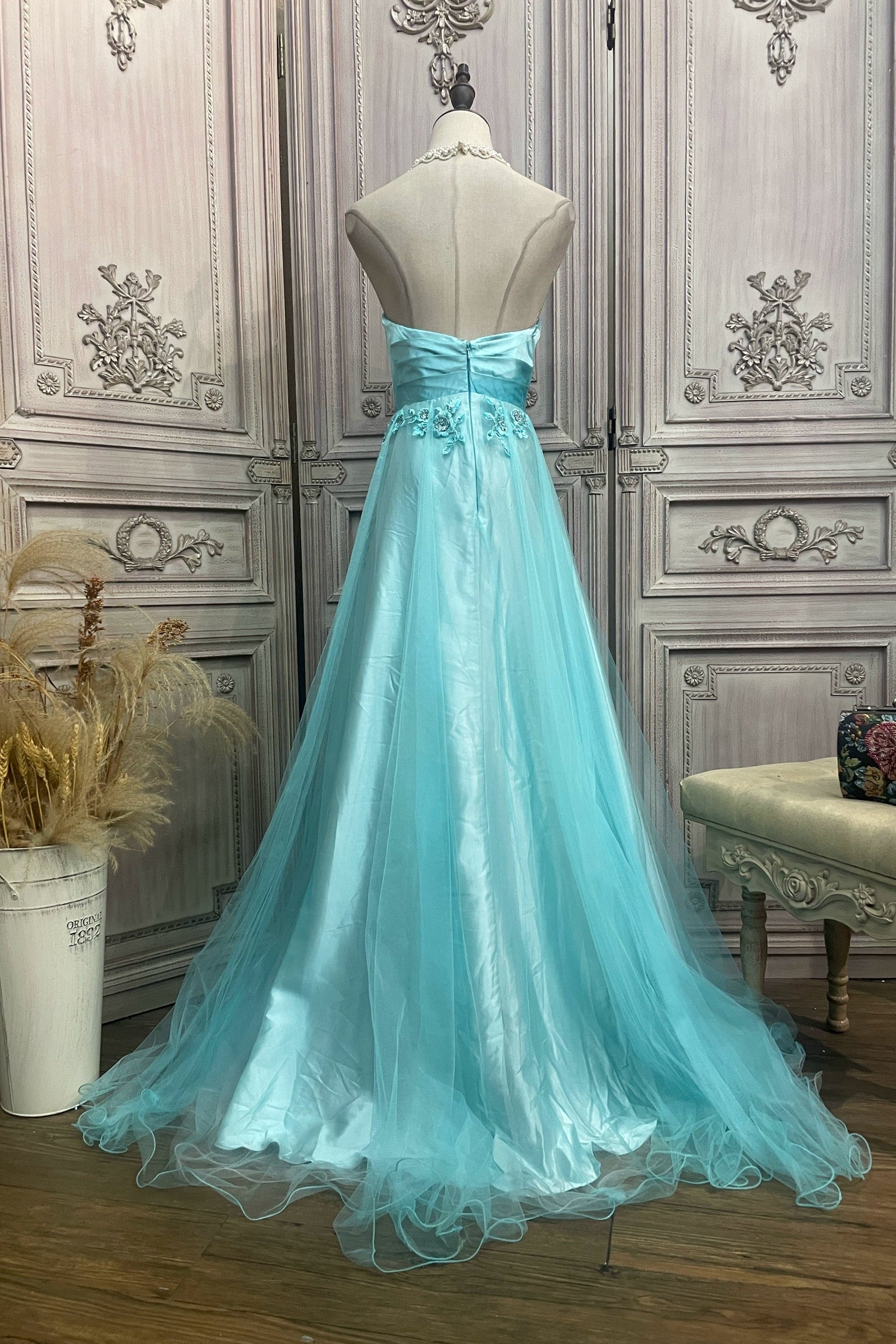 Blue embroidered mesh tube top long dress