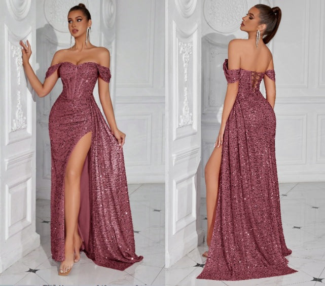 gabrielle Sequined strapless slit evening maxi dress
