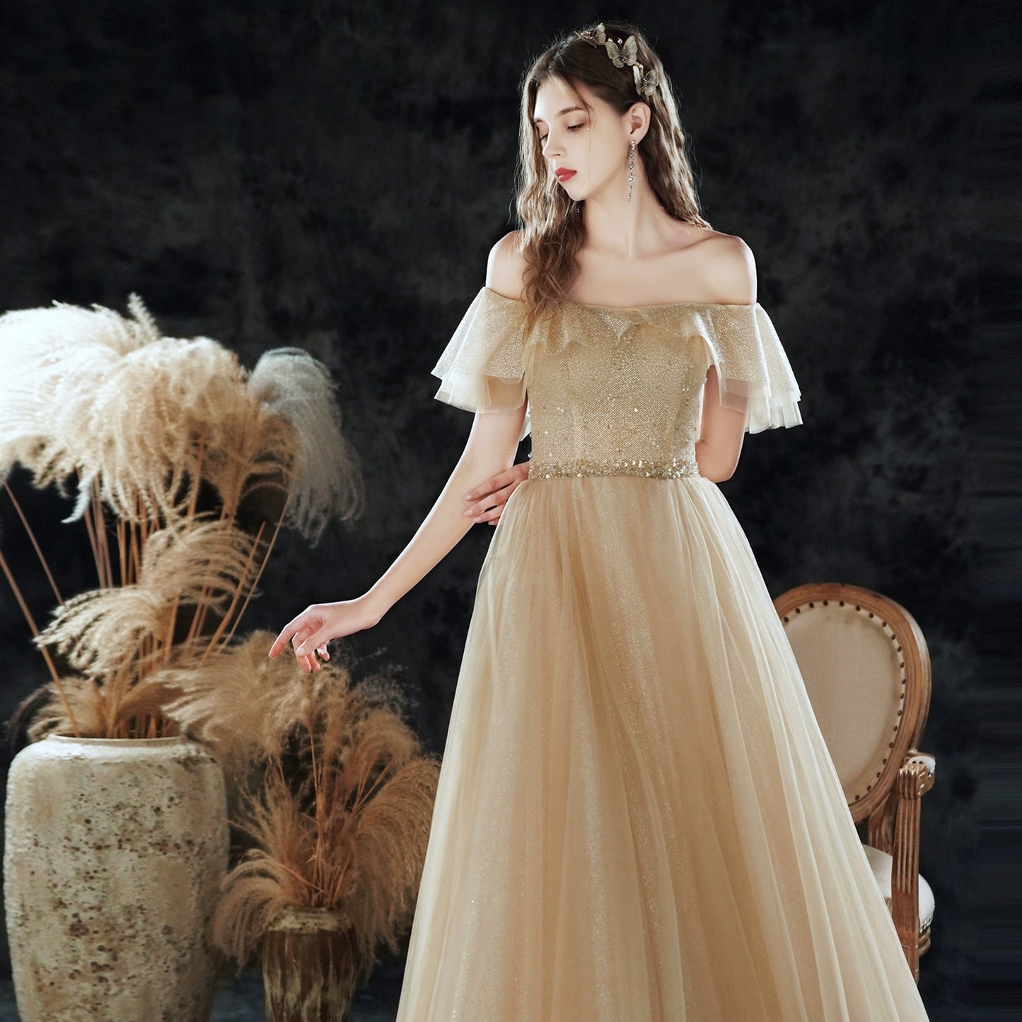 champagne ruffle detail sequin maxi dress