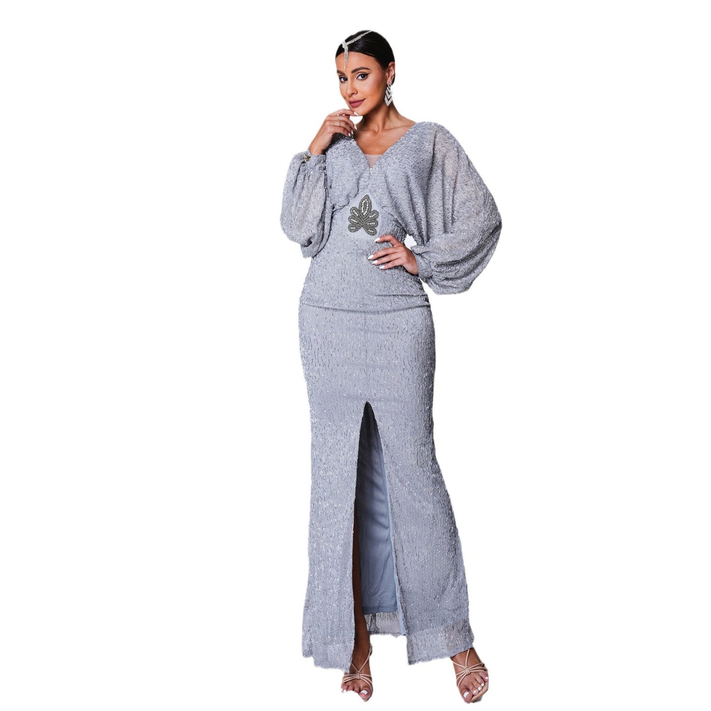 v neck puff sleeve high slit bodycon maxi dress