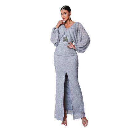 v neck puff sleeve high slit bodycon maxi dress