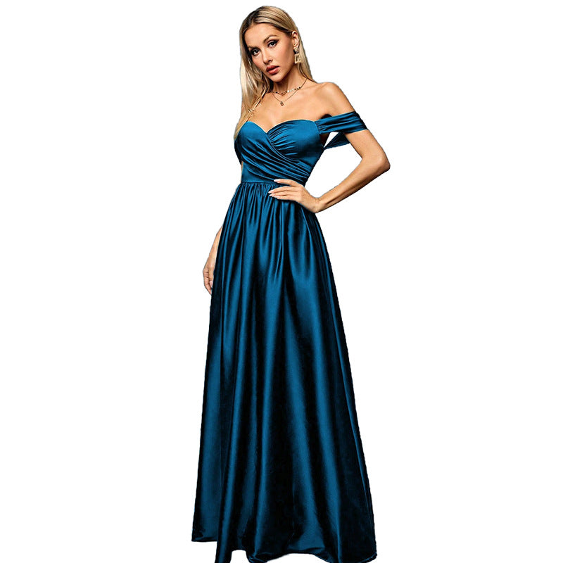 molly off shoulder ruched satin maxi dress in navy blue