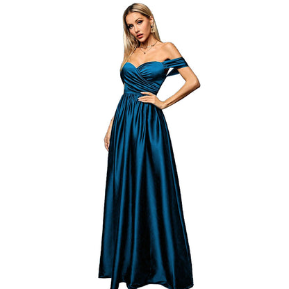 molly off shoulder ruched satin maxi dress in navy blue