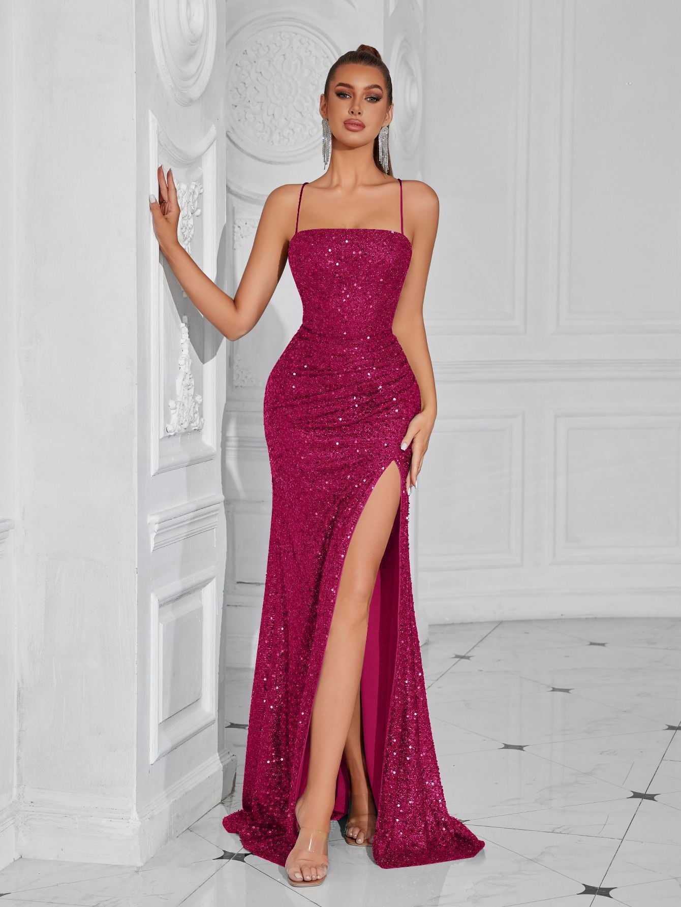 erica sequin pleated slim maxi dress