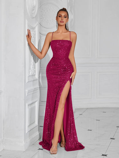 erica sequin pleated slim maxi dress