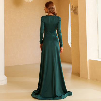 jenny long sleeve v-neck high slit satin maxi dress