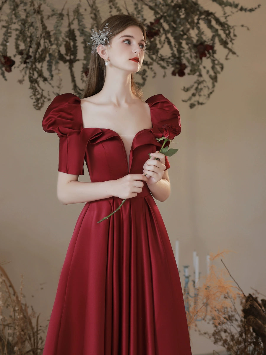 v-neck puff sleeve satin maxi dress in claret