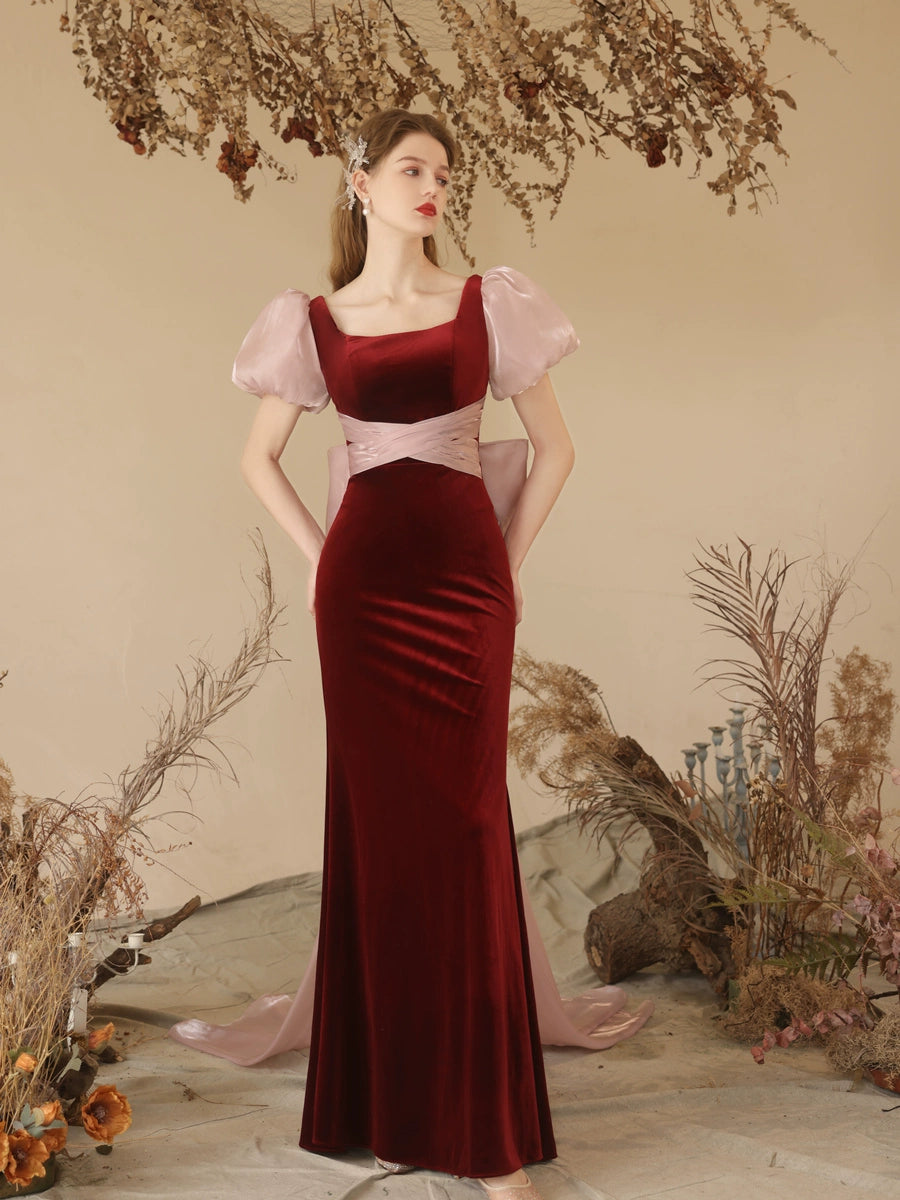 Stephanie wine red velvet fishtail maxi dress