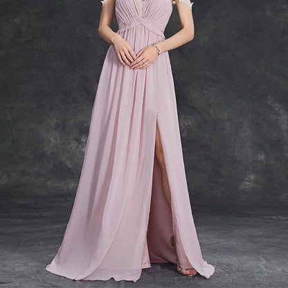 kate lace trim chiffon high slit maxi dress in pink