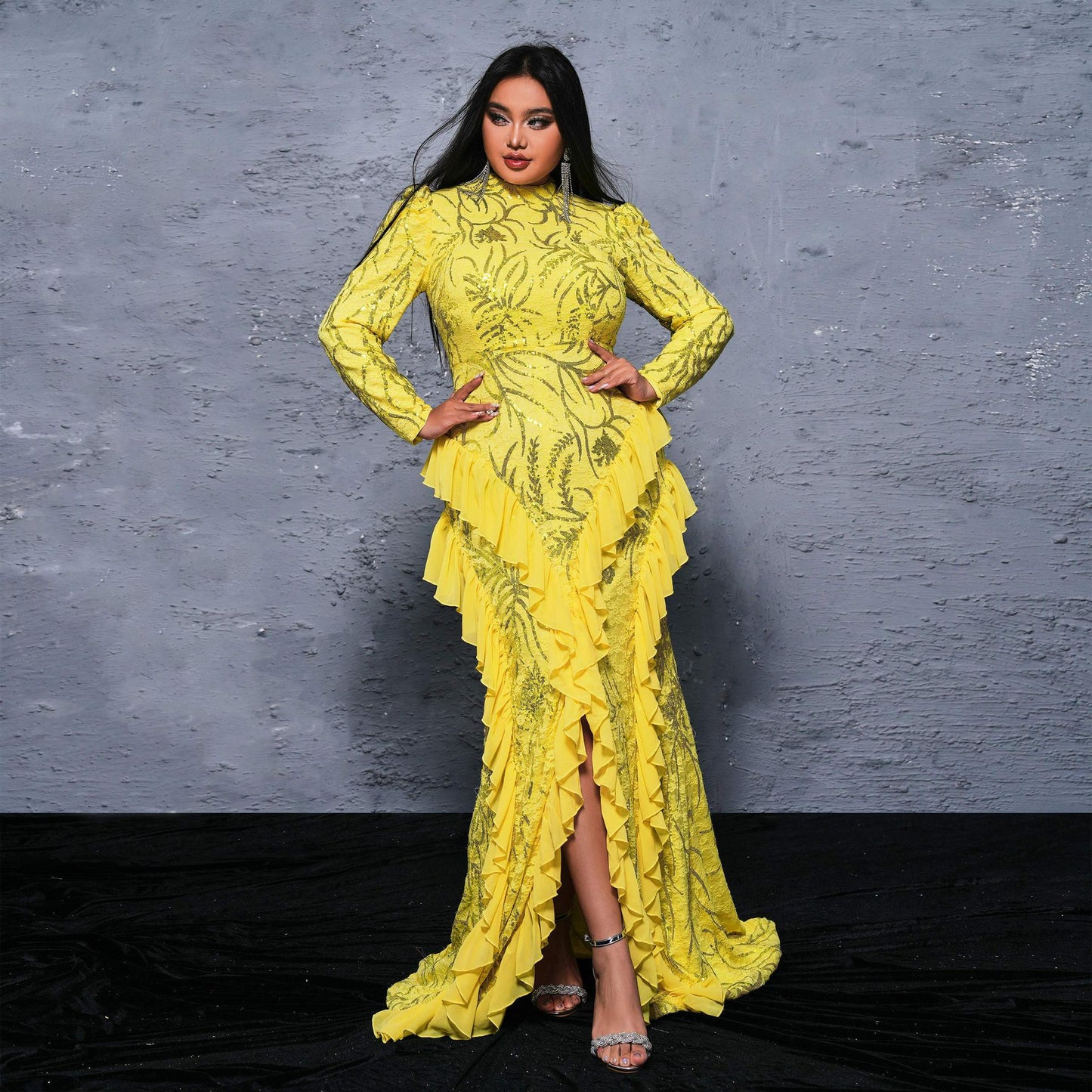 long sleeve sequin detail ruffle trim maxi dress in yellow