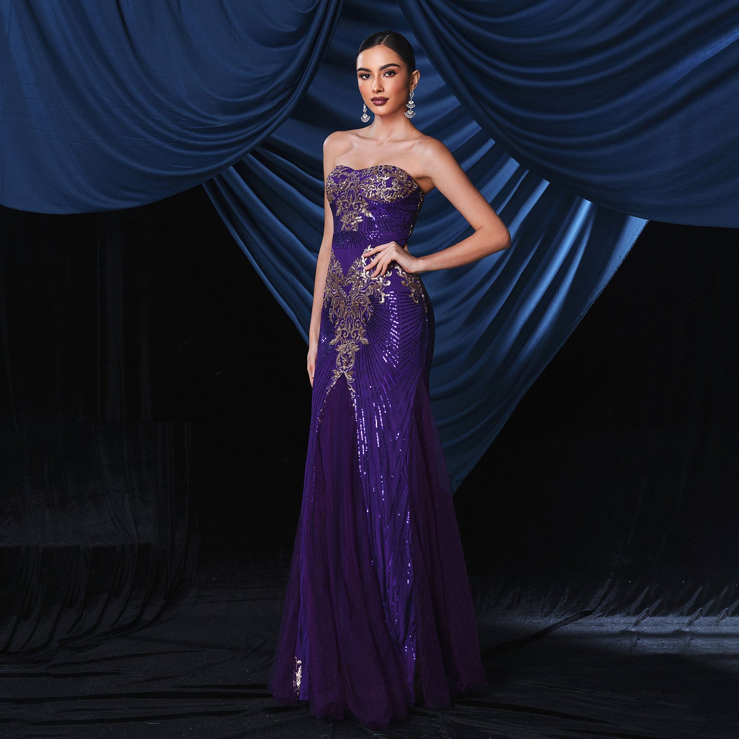 jennifer sequin patern applique strapless maxi dress in purple