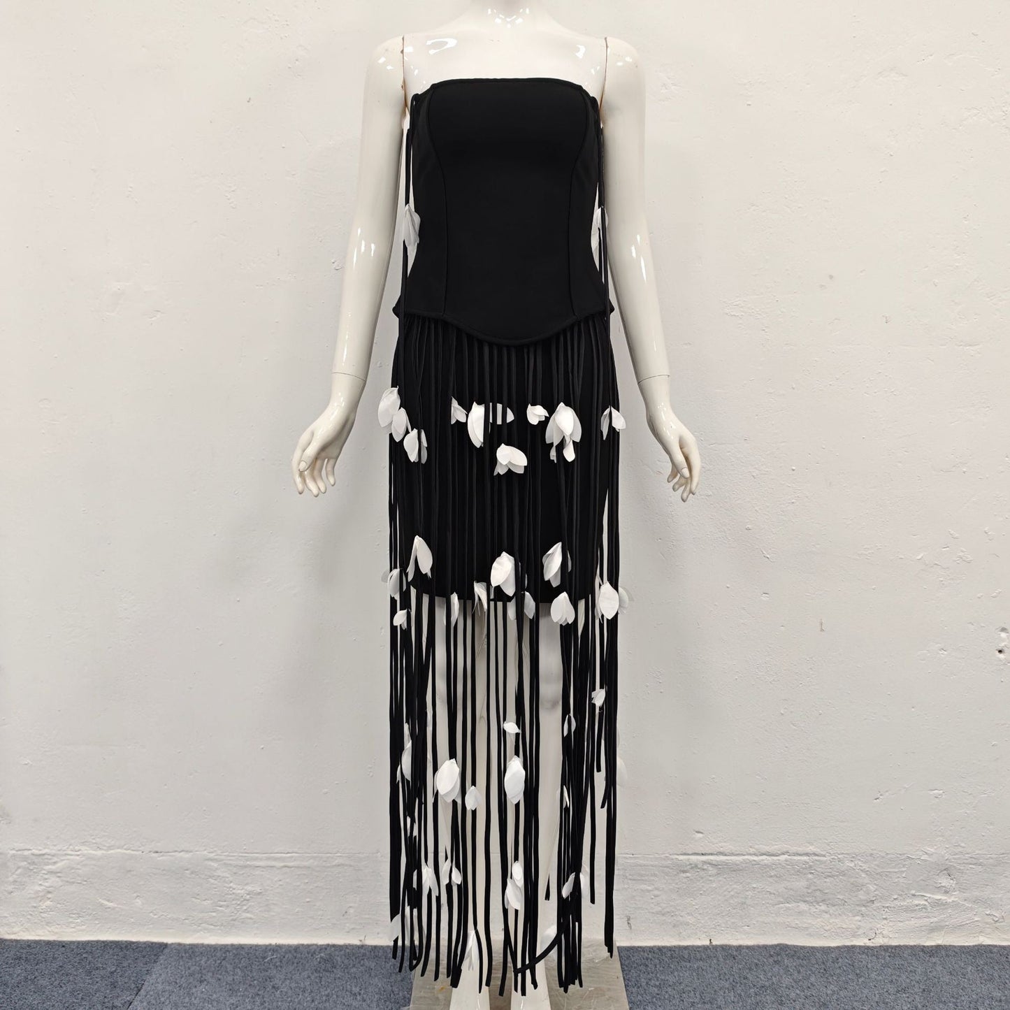 hilary black flower tassel strapless mini dress