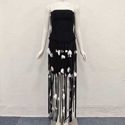 hilary black flower tassel strapless mini dress