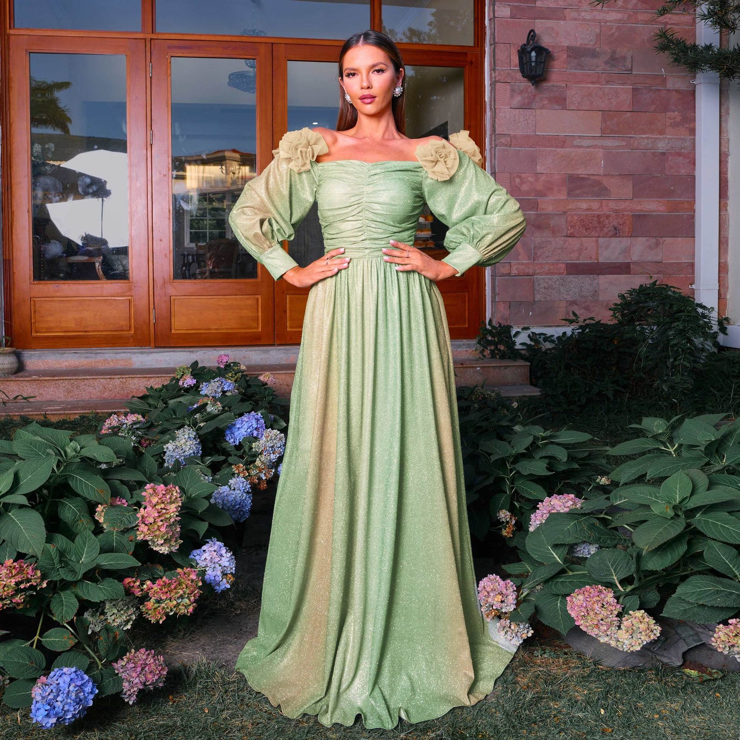 gradient green off-shoulder flower lantern sleeve maxi dress