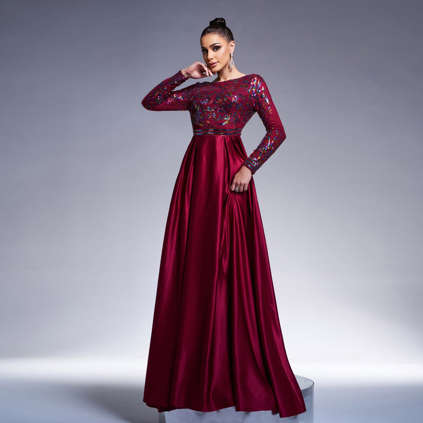 sequin print long sleeve satin maxi dress