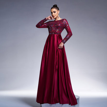 sequin print long sleeve satin maxi dress