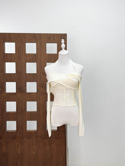 ava white Lace Knitted Fishbone Top Hip Skirt Two-Piece Set