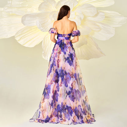 Strappy one-shoulder neckline waist-cinching printed swing evening dress