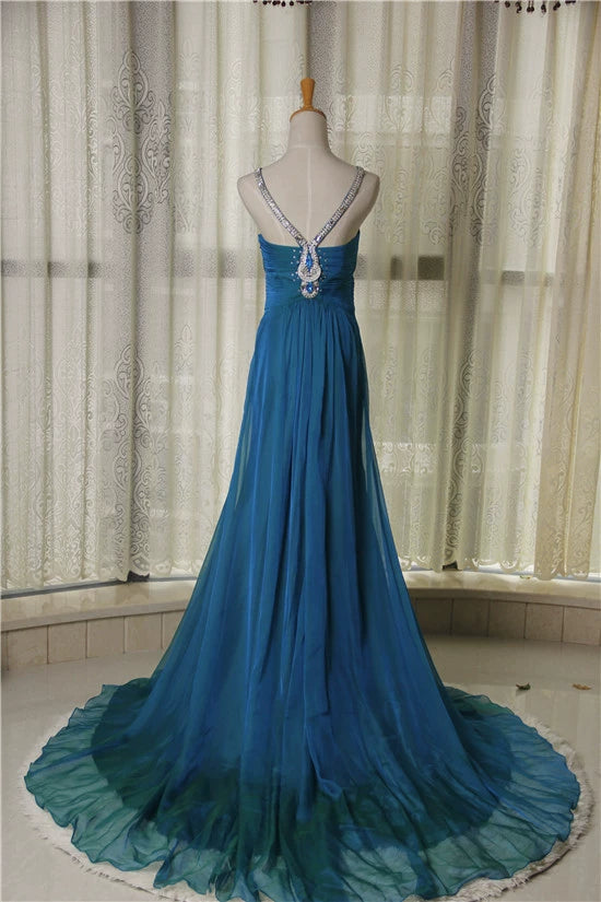 Peacock blue glass diamond shoulder chiffon maxi dress