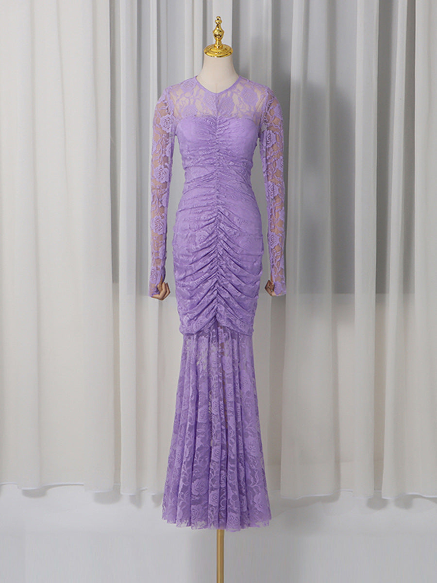 penny lace  hollow ruched bodycon long sleeve maxi dress in purple