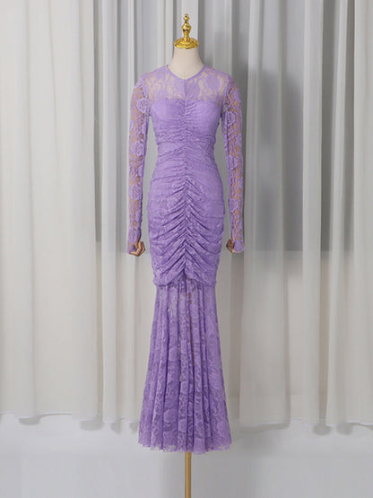 penny lace  hollow ruched bodycon long sleeve maxi dress in purple