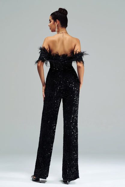 off-shoulder sequin feather jumpsuit in black