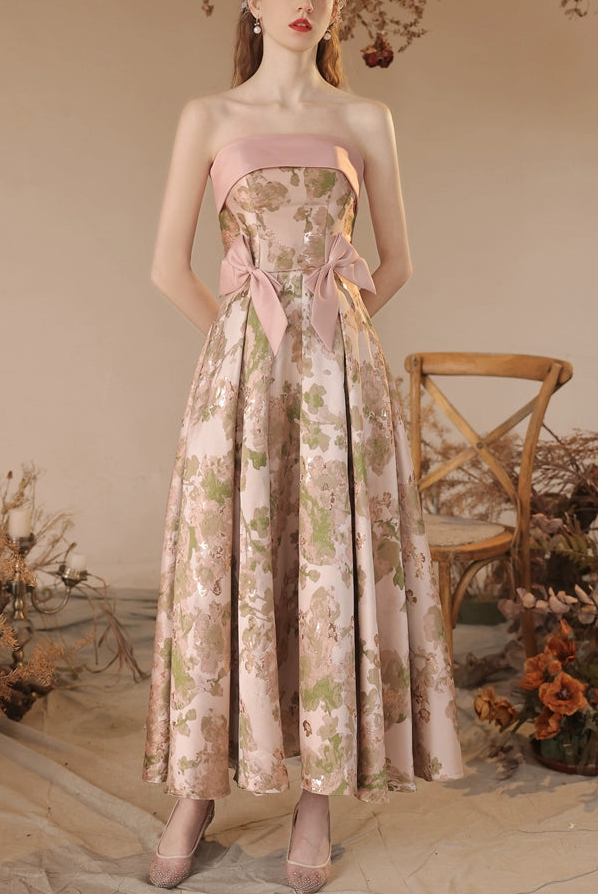 floral print strapless satin maxi dress in pink