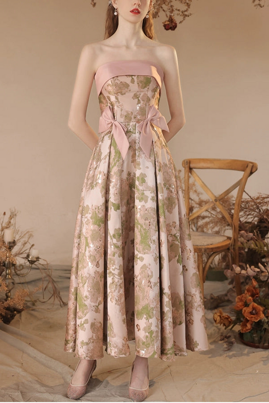 floral print strapless satin maxi dress in pink