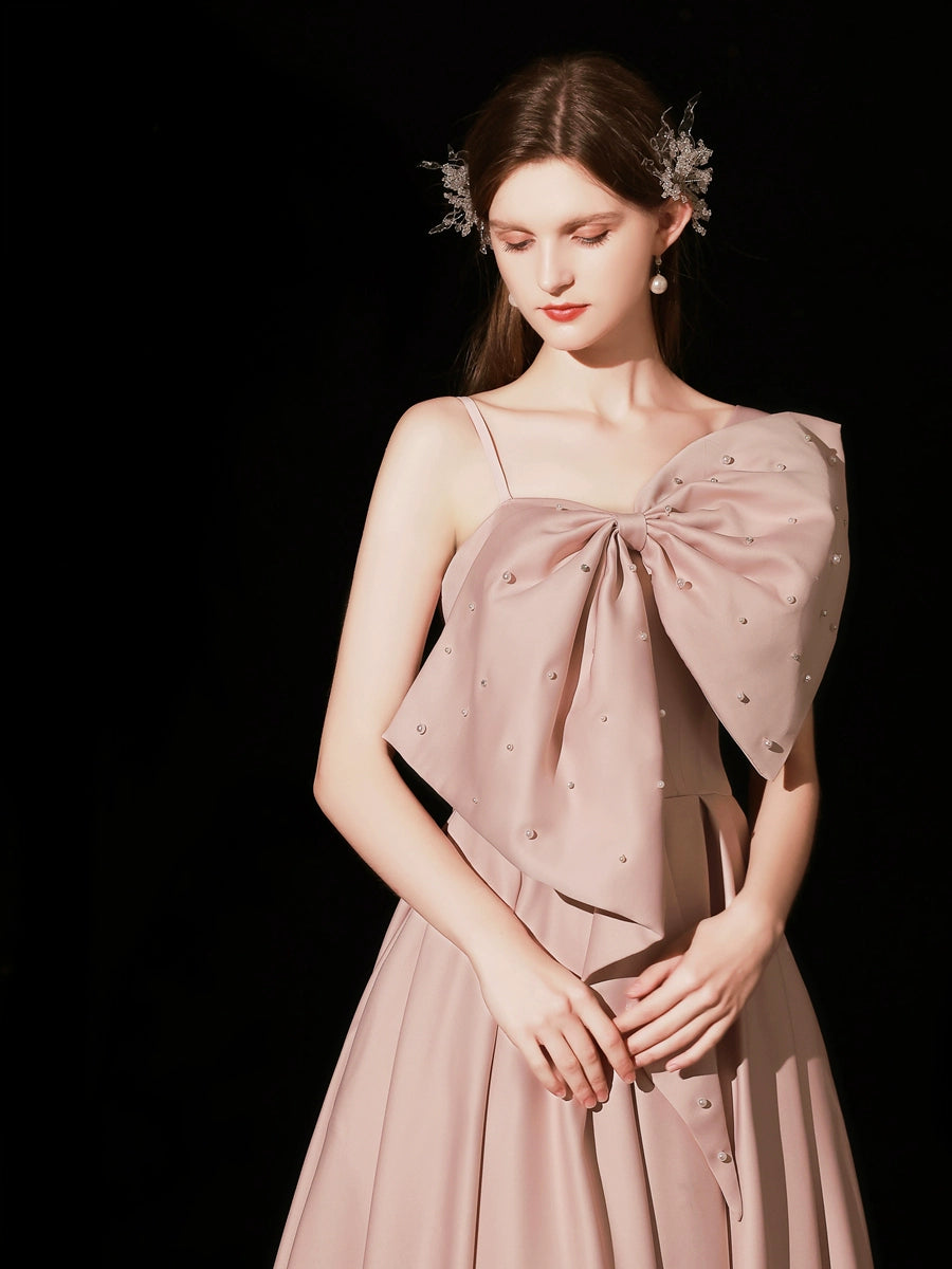 pearl embellished bow strapless maxi dress in pink