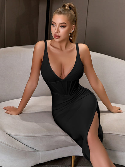 v-neck pleated bandage strap mini dress