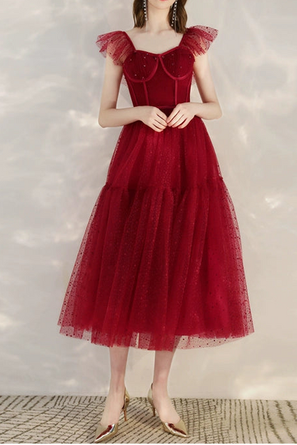 sleeveless tulle midi dress in wine red