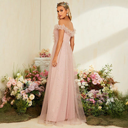 off shoulder flower trim sequin high slit maxi dress in pink