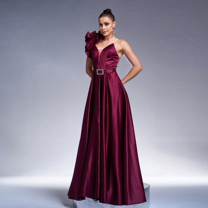 dark purple 3d flower one shoulder satin maxi dress