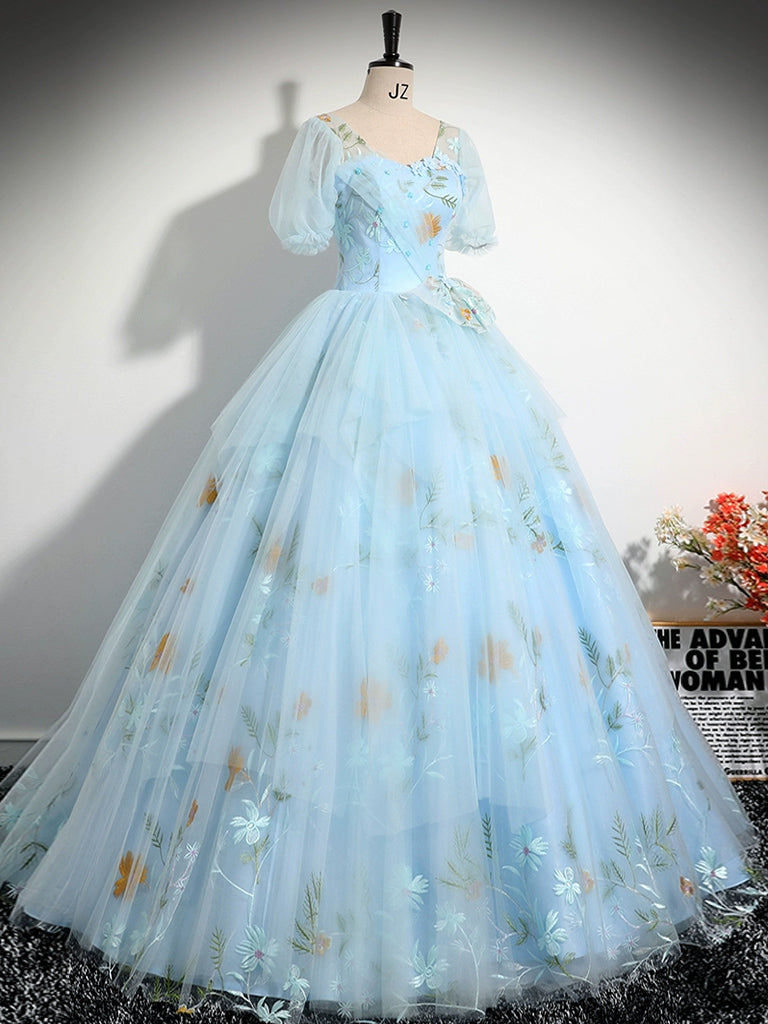 V Neck Tulle Lace Blue Prom Dress