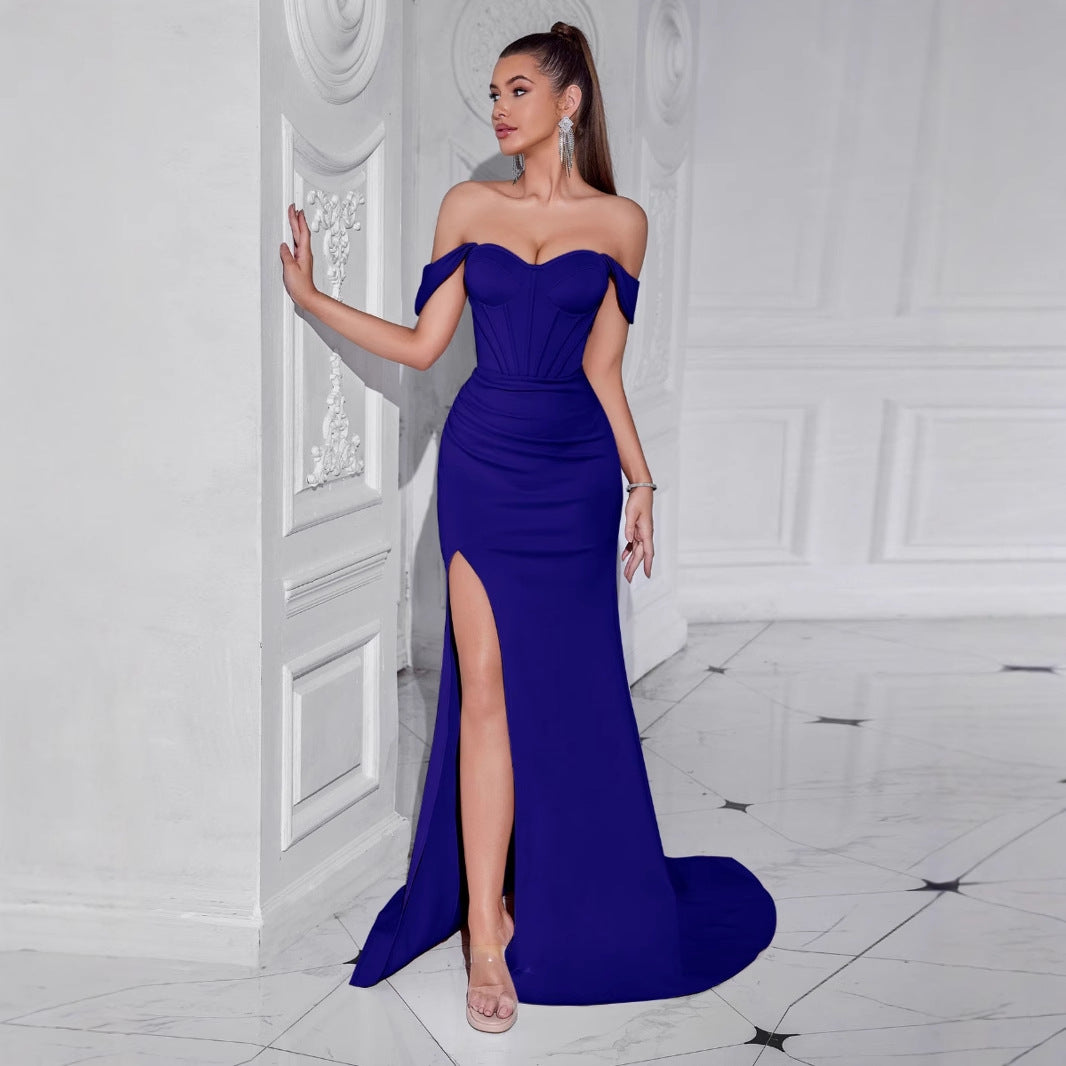 irene Cross-border split shoulder bandeau long dress