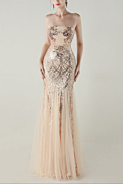 sequin strapless tulle maxi dress