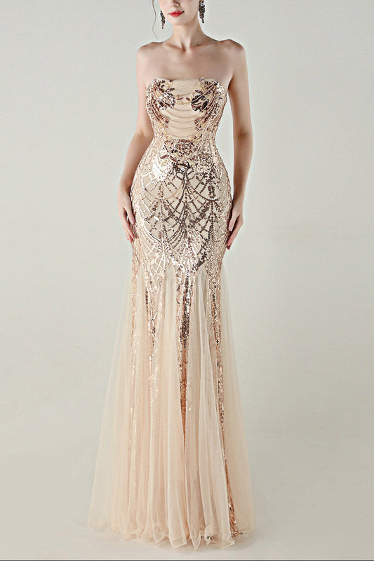 sequin strapless tulle maxi dress